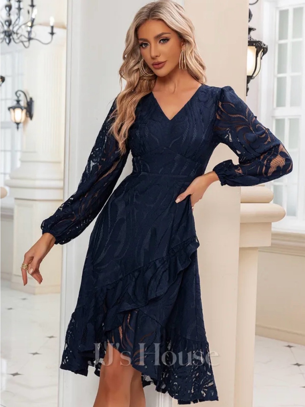 JJs House Navy Lace V-Neck Long Sleeve Midi Dress